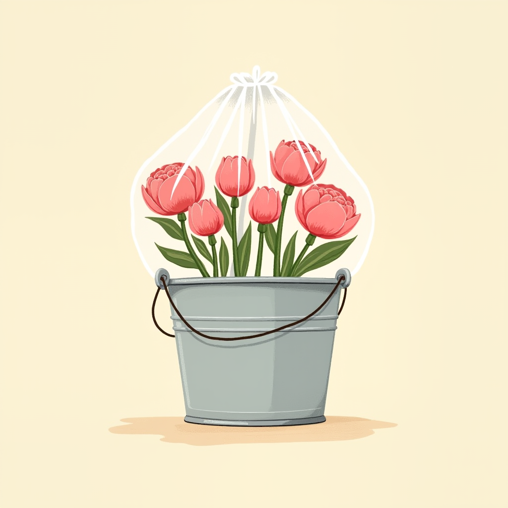 Bucket with plastic bag over the top to trap steam around peony buds