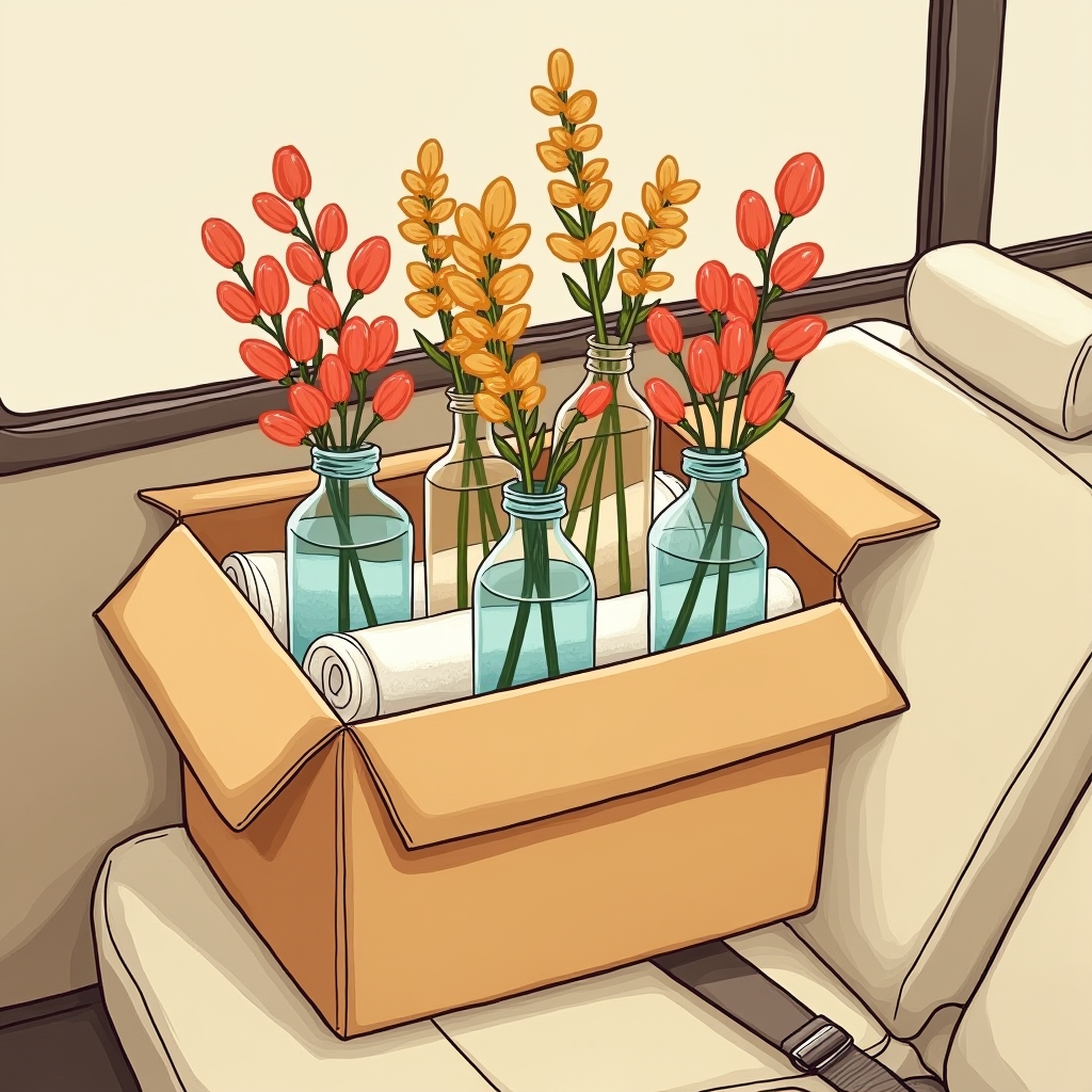 Vases of flowers in a cardboard box buckled onto a car's back seat, cushioned with rolled towels