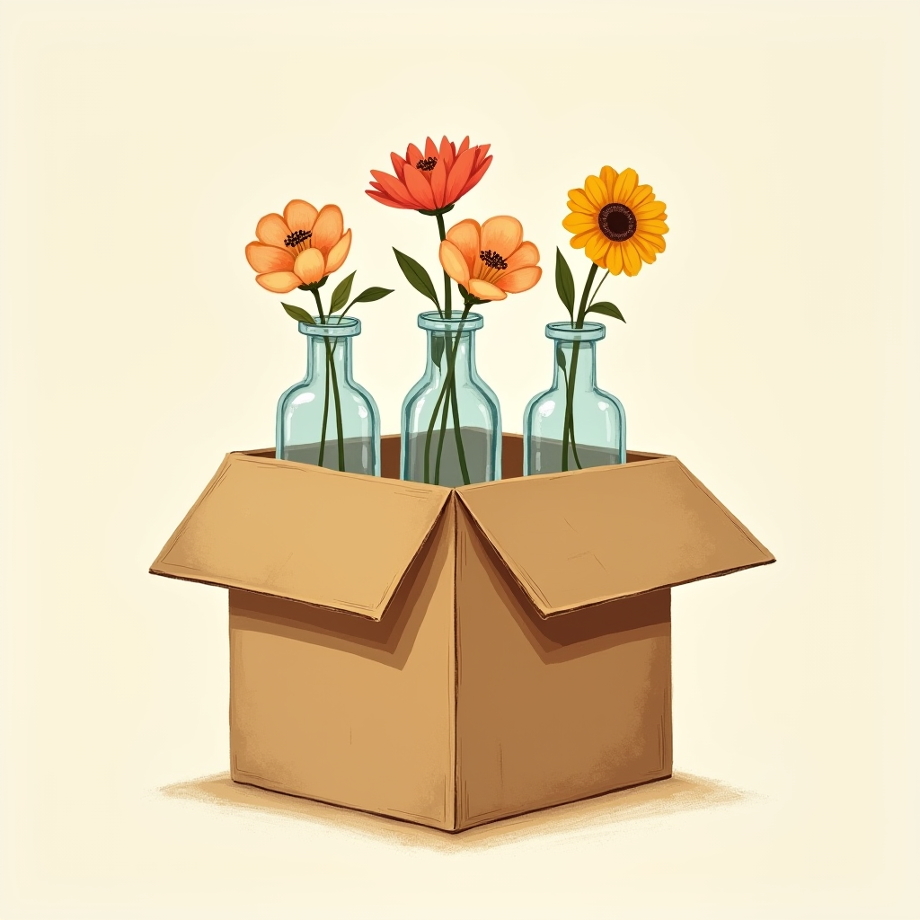 Bud vases standing in a reused cardboard box