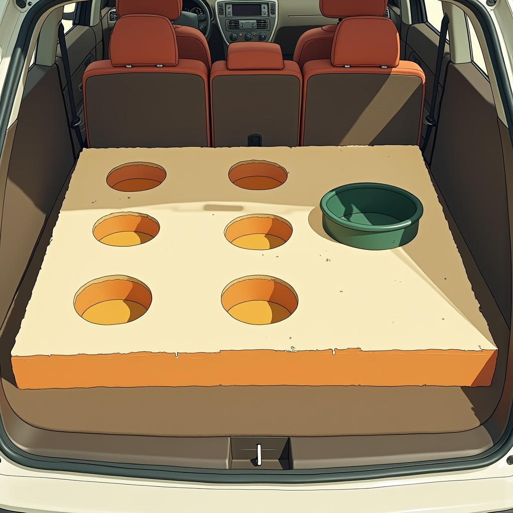 A foam board in the back of an SUV with six circles cut through it, one holding a flower frog dish