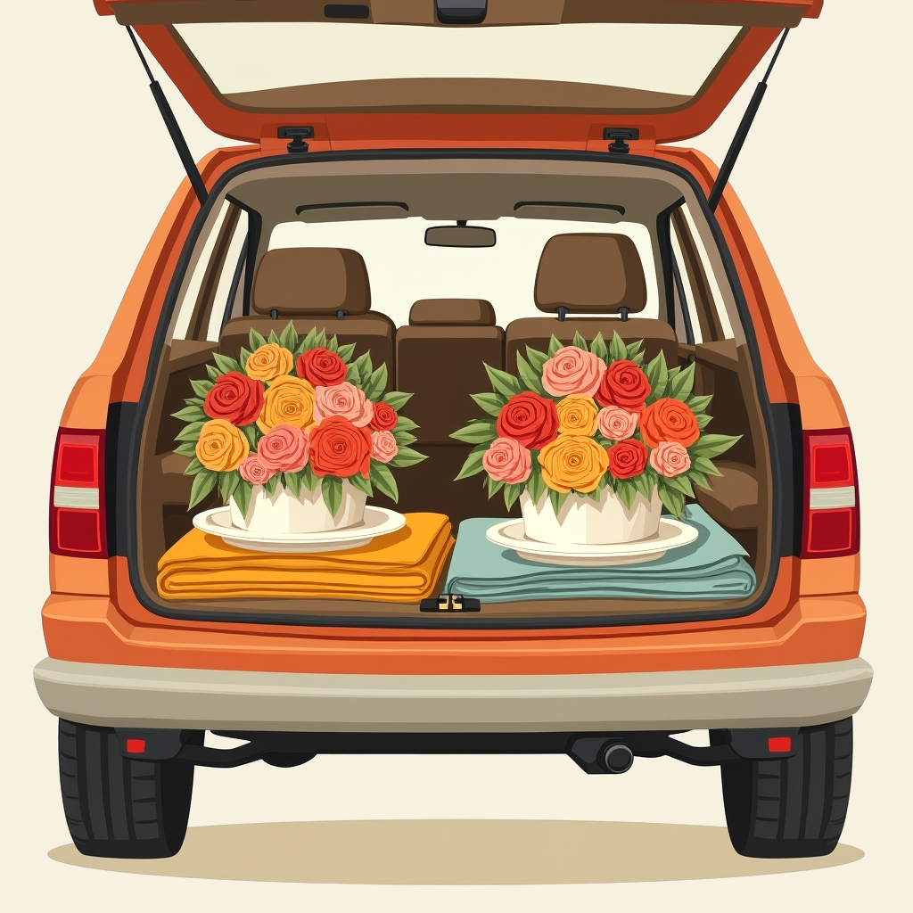 Two foam plate arrangements in the back of an SUV with folded blankets filling the space on each side