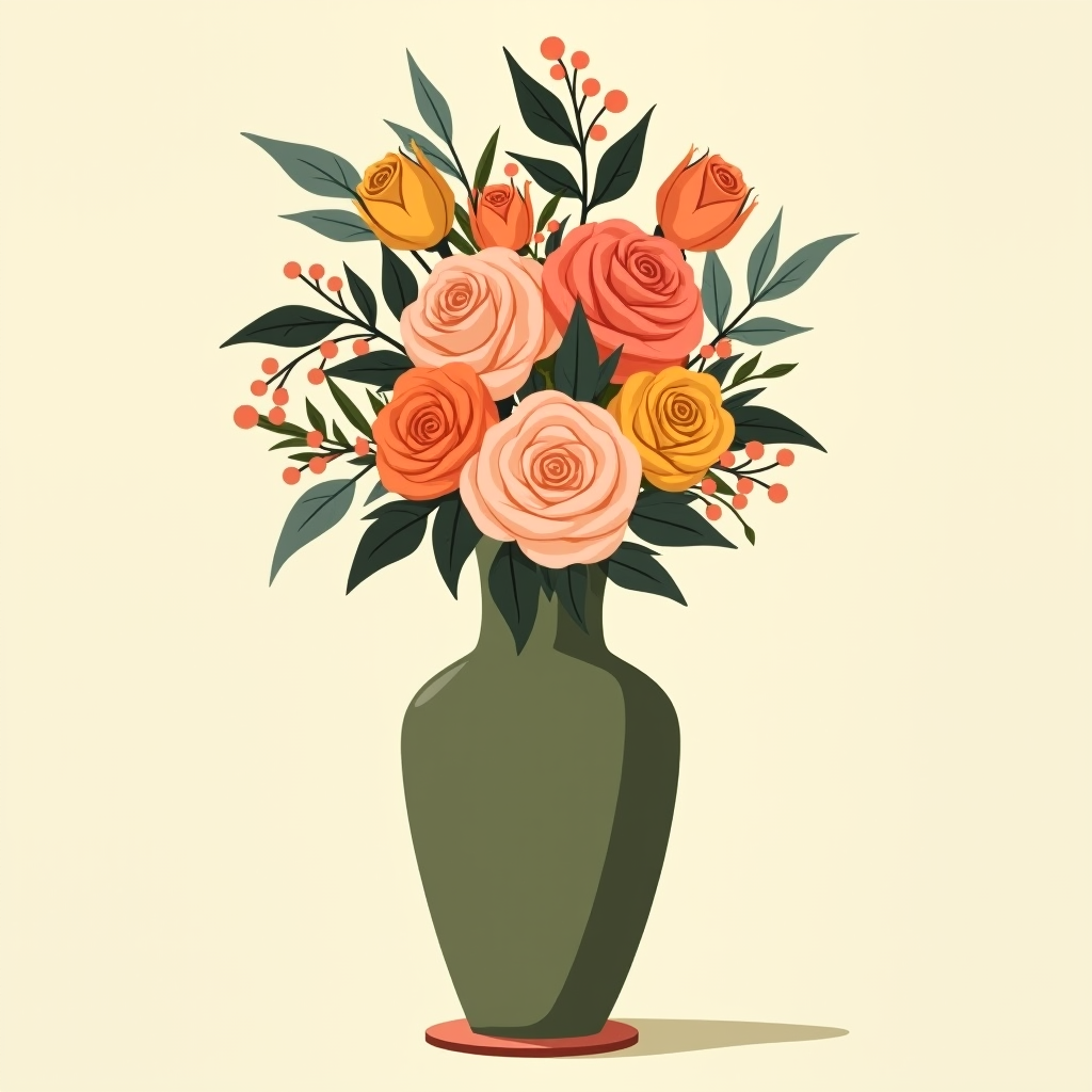 A tall floral foam arrangement of orange and yellow roses in a solid matte olive-green vase