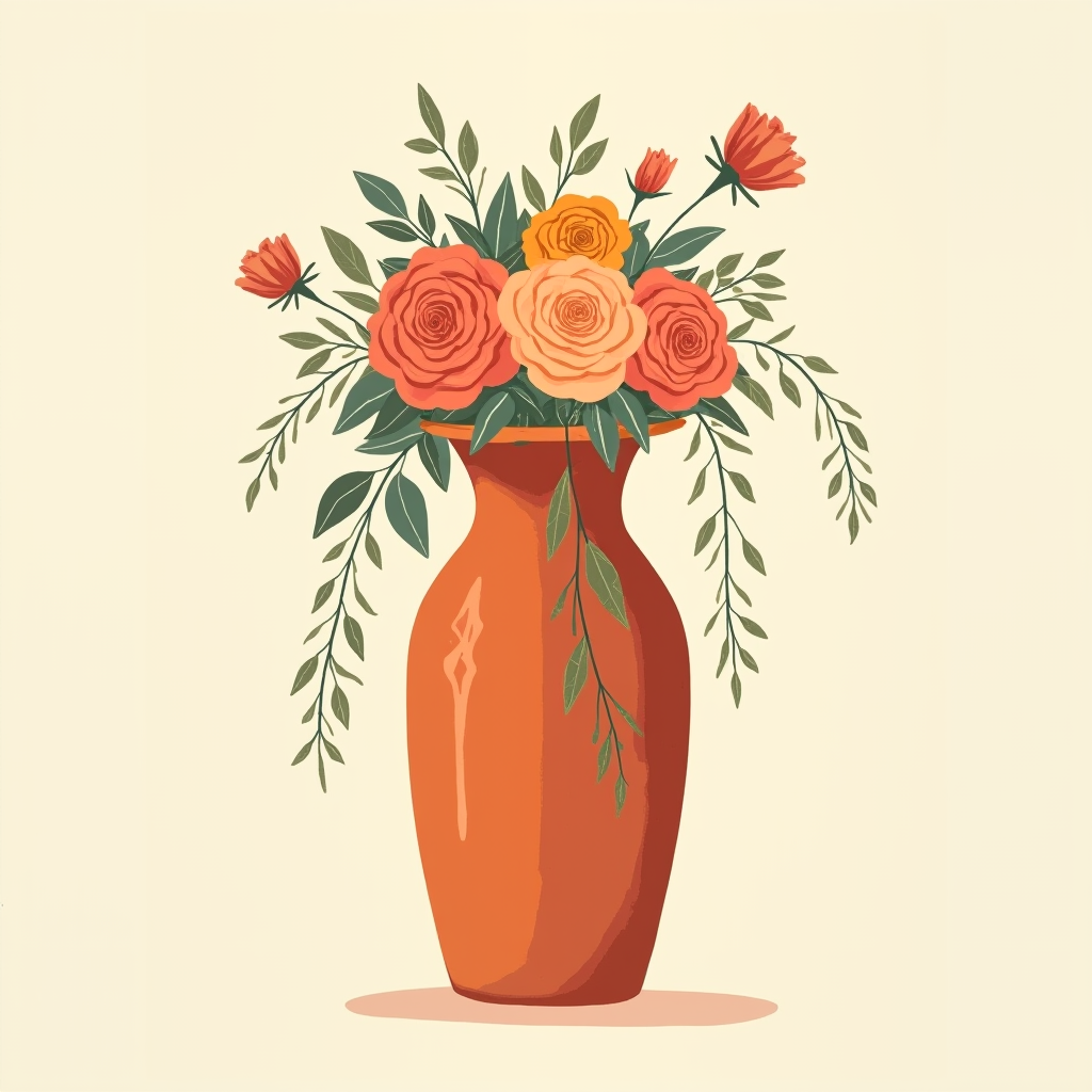 A tall floral foam arrangement of orange and coral roses in a solid matte terracotta vase, with trailing foliage cascading over the lip