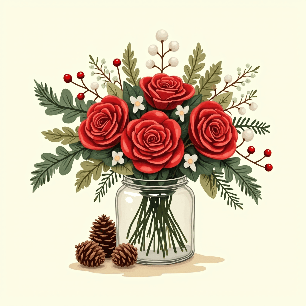 Illustration of a holiday centrepiece: deep red roses, red berries, small white blossoms and evergreen sprigs in a clear glass jar, with pine cones beside it